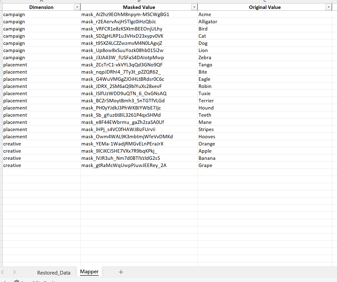 Mapper tab showing Dimension, Masked Value, and Original Value columns