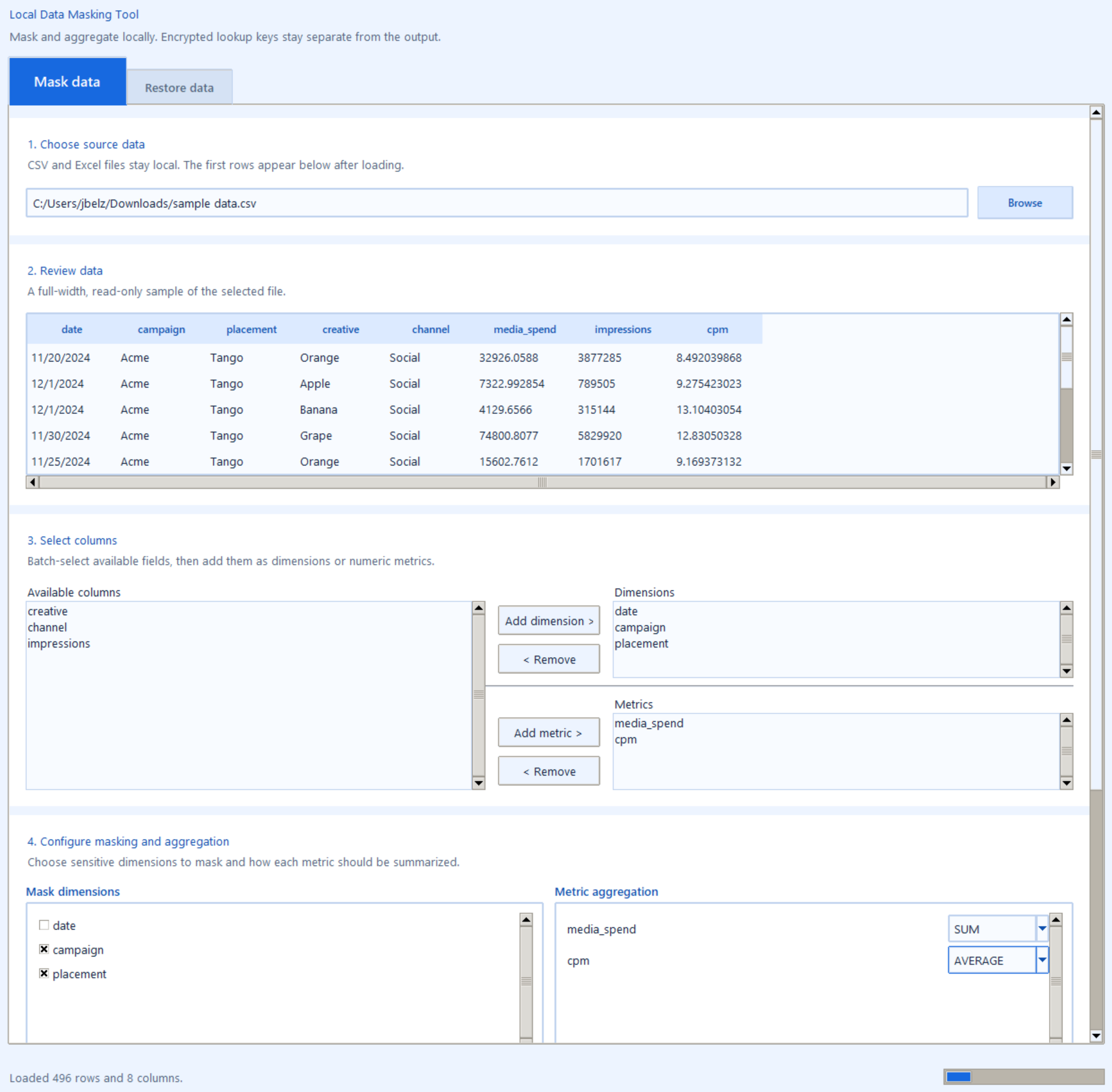 Local Data Masking Tool v2.0 — Mask data tab showing source data preview, column selection, and masking configuration