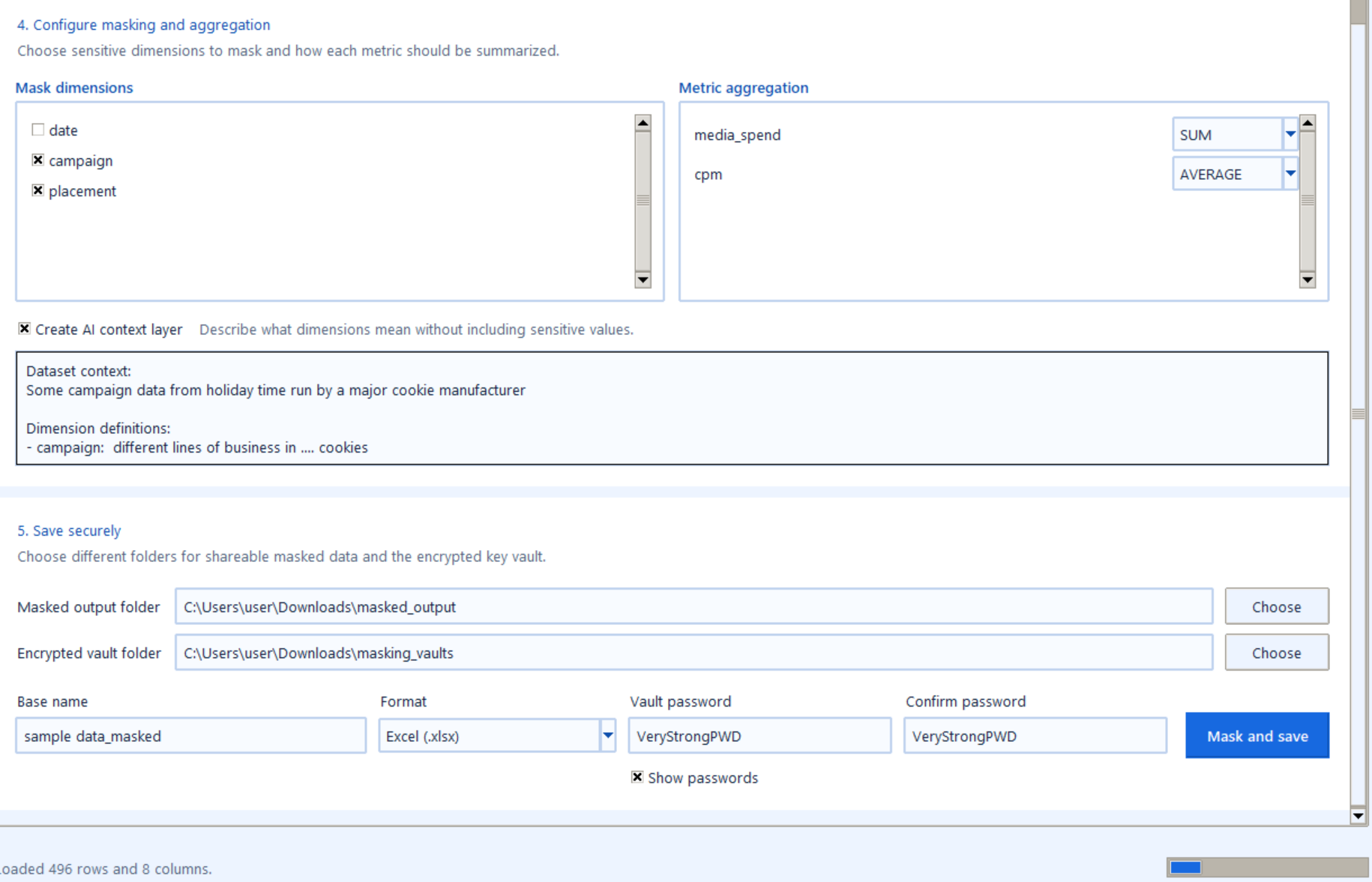 Configure masking, aggregation, AI context layer, and save settings