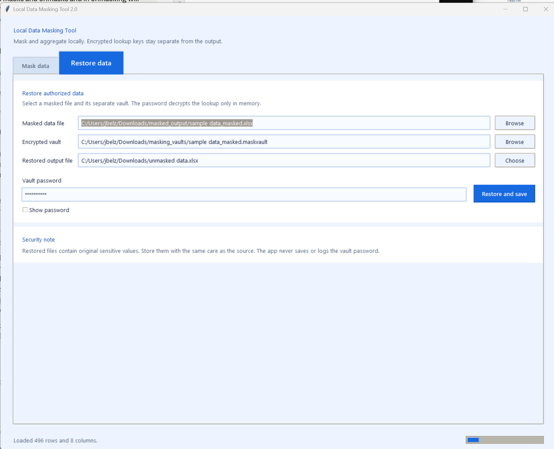 Restore data tab — select masked file, encrypted vault, output path, and vault password